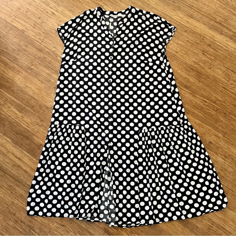 Mat. Black & White Polka Dot Button-Front Dress | Size L
